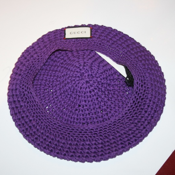 Gucci Purple Cotton Pom Pom Crochet Beret Hat - Picture 3 of 6